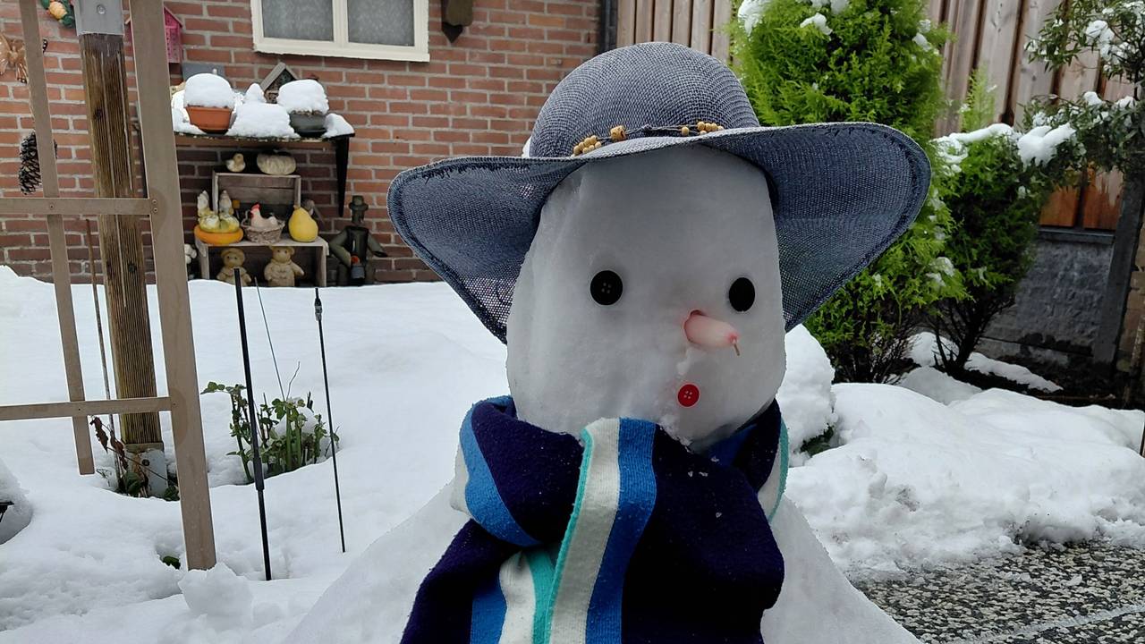 Een sneeuwpop met een hoedje (foto: Nelly van Duijnhoven).