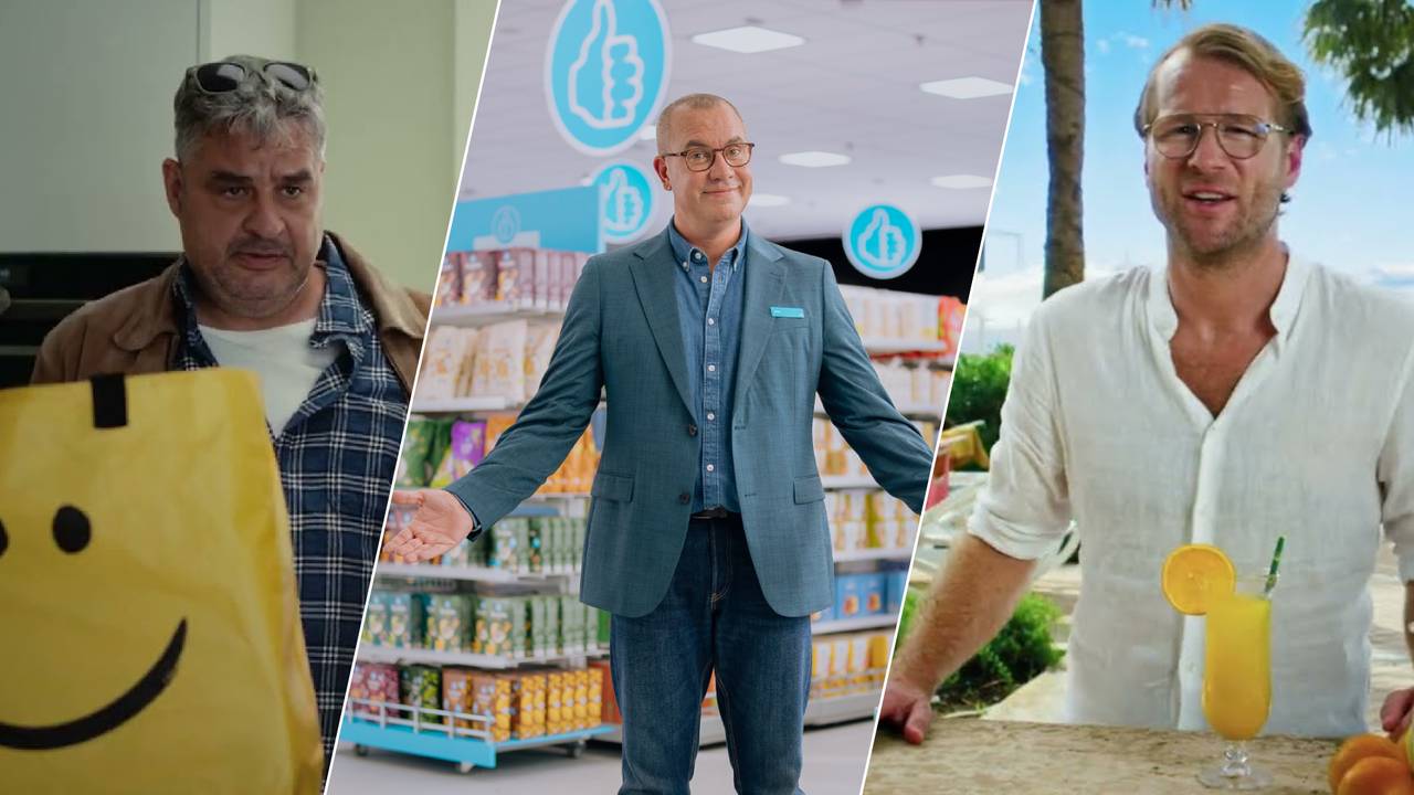 Frank Lammers, Jeroen van Koningsbrugge en Leo Alkemade spelen allemaal in een reclame (foto: Jumbo, Albert Heijn en Prijsvrij).