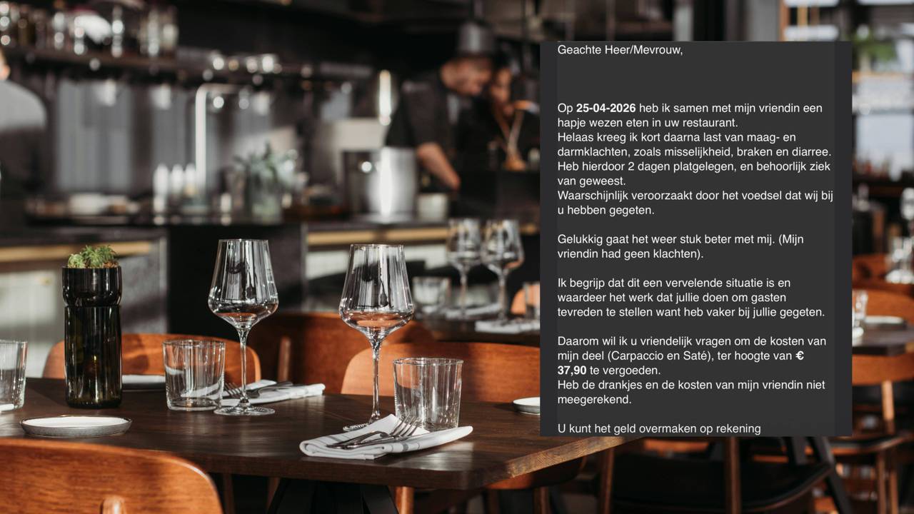 Een van de nepklachten die Michael naar de restaurants heeft gestuurd (foto: Pexels/Grotel's Genieten)