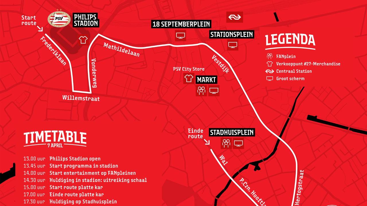 Dit is de route van de platte kar tijdens de huldiging van PSV. Bron: PSV.nl