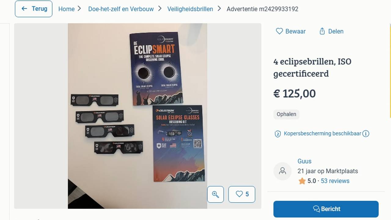 Er worden hoge bedragen gevraagd voor eclipsbrillen (bron: Marktplaats).