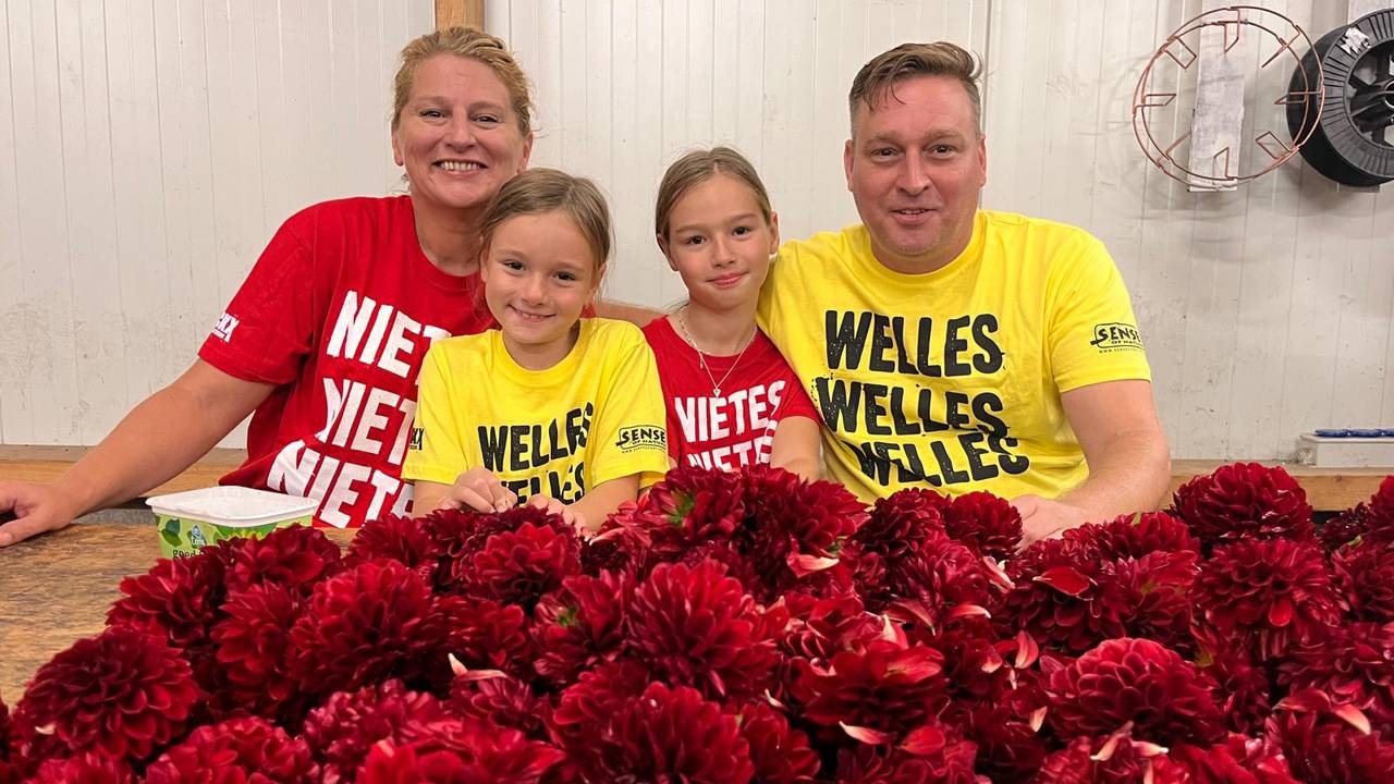 Henri en zijn gezin tussen de dahlia's in de bouwtent (eigen foto).