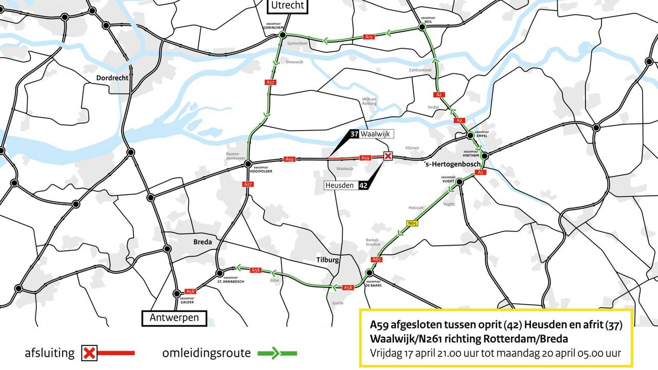 De A59 gaat dicht (foto: Rijkswaterstaat).