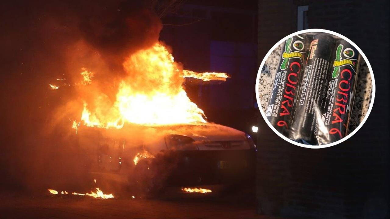 Eén van de auto's die in vlammen opging in de Bossche dakdekkersoorlog (foto: SQ Vision).