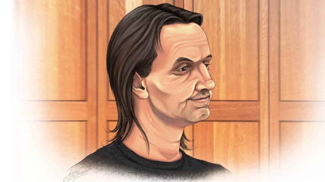 Fred K. in de rechtbank. (tekening: Adrien Stanziani)