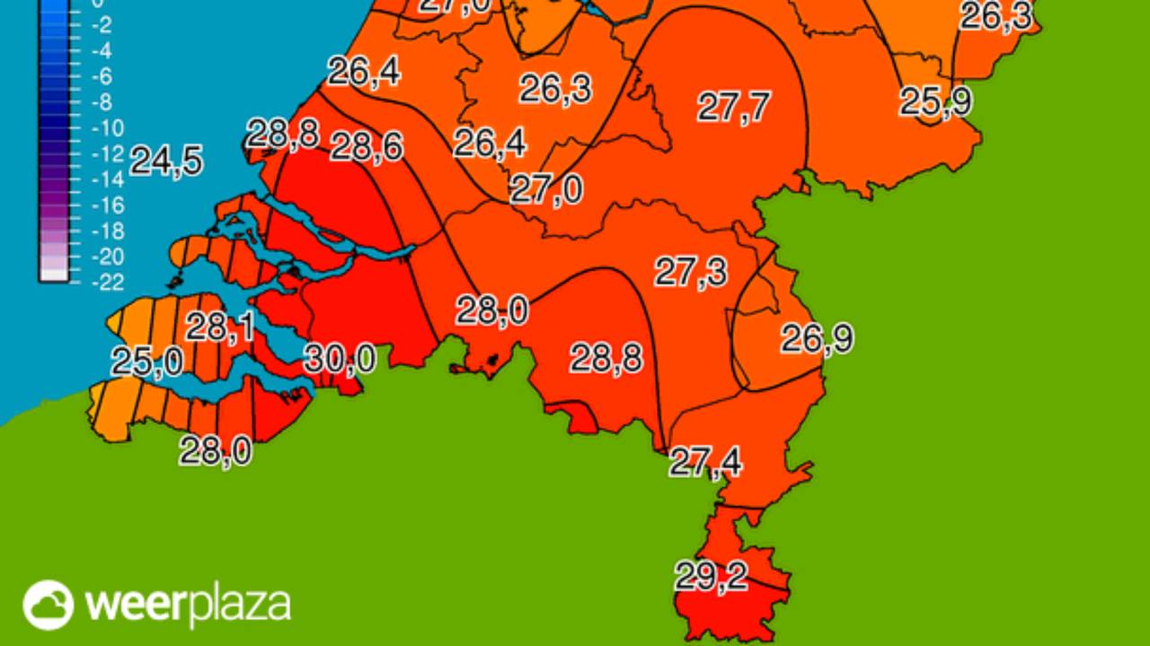 Om half tien was het al dertig graden in Woensdrecht (bron: Weerplaza).