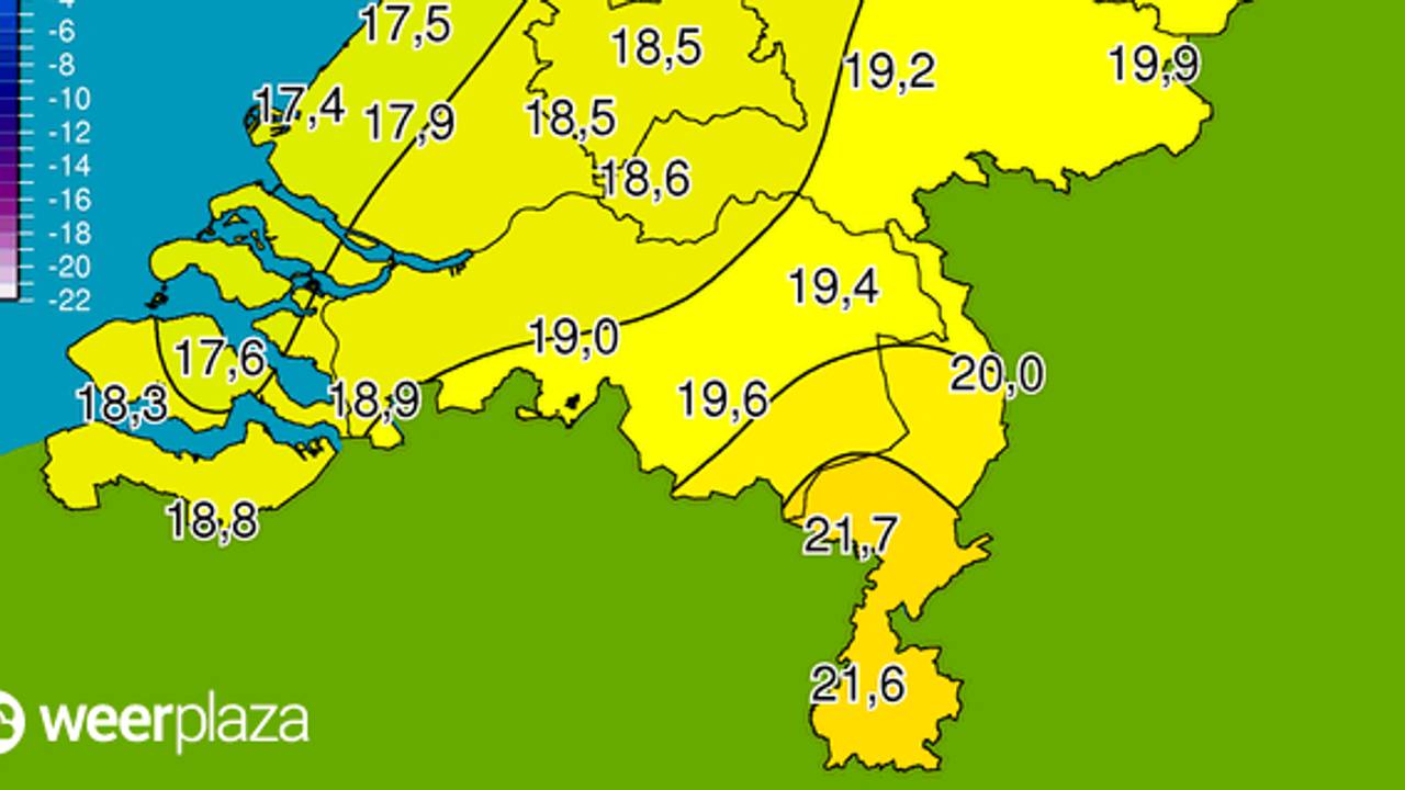 De tempratuur zakt onder de 20 graden (bron: Weerplaza)