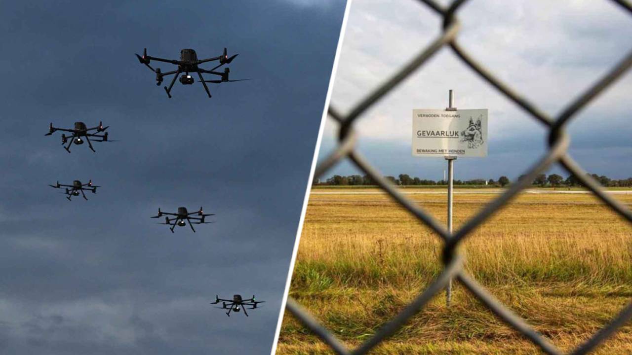 Deze drones (links) zijn niet de drones boven vliegbasis Volkel (rechts) (foto: ANP, Ministerie van Defensie).