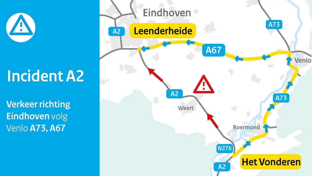 Ongeluk op de A2, omrijden via A73 (Beeld: Rijkswaterstaat).