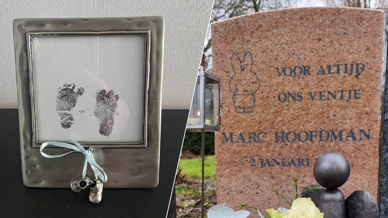 Links de voetafdrukjes van Marc, rechts zijn grafje.