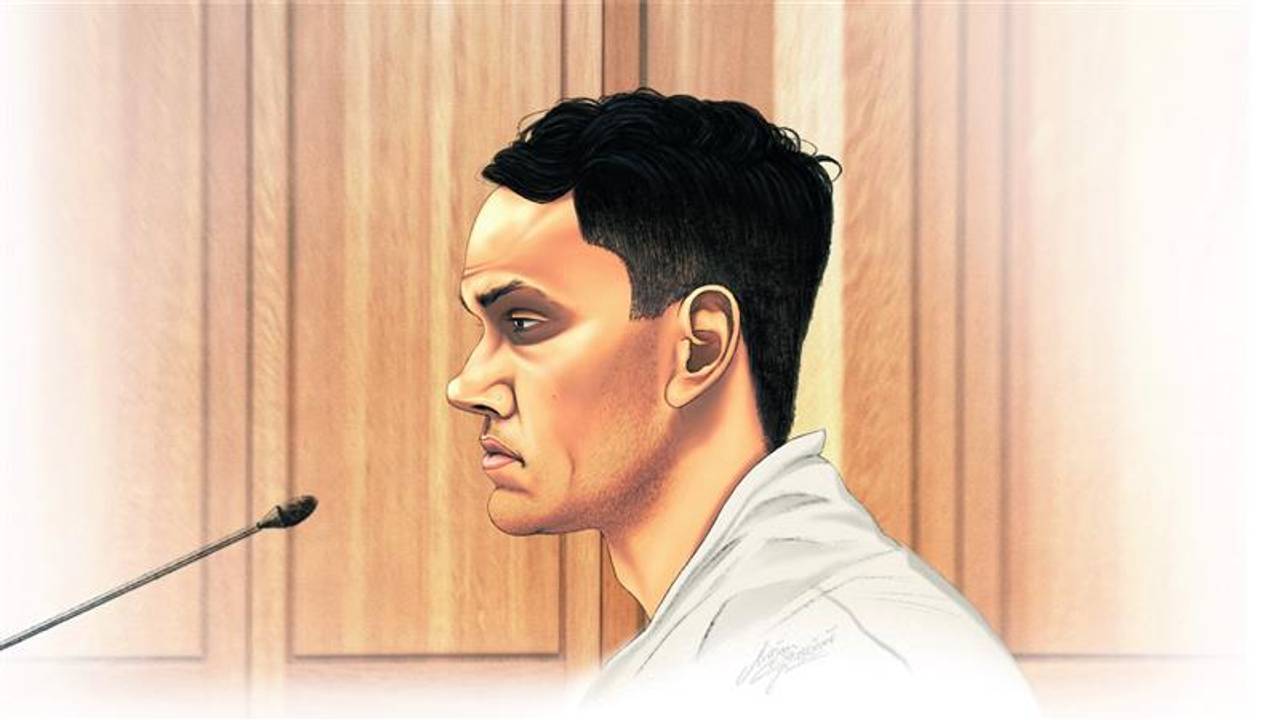 Wesley W. donderdag in de rechtbank (tekening: Adrien Stanziani)