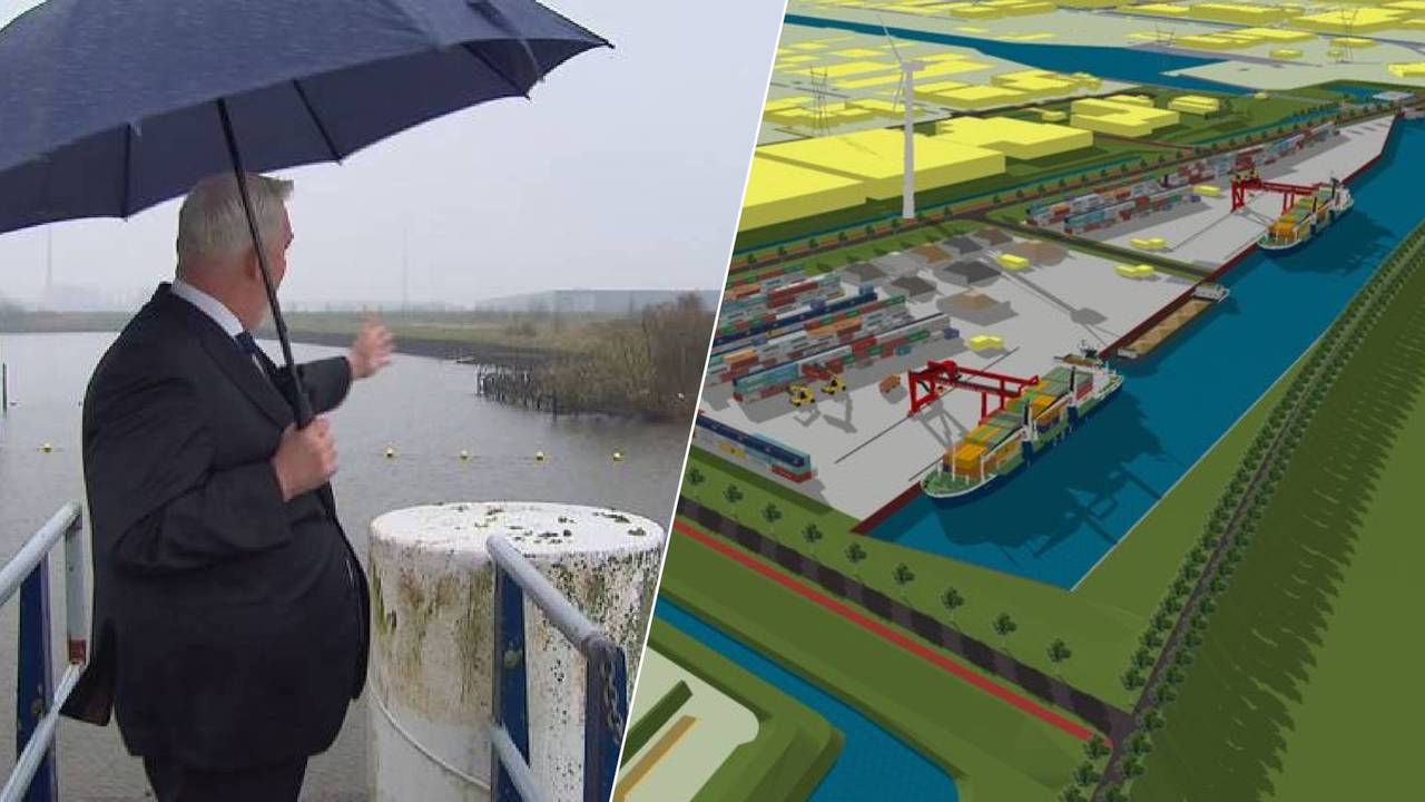 Links: wethouder Spierings op het terrein waar de haven moet komen. Rechts: de plannen voor de nieuwe haven (foto's: Omroep Brabant).
