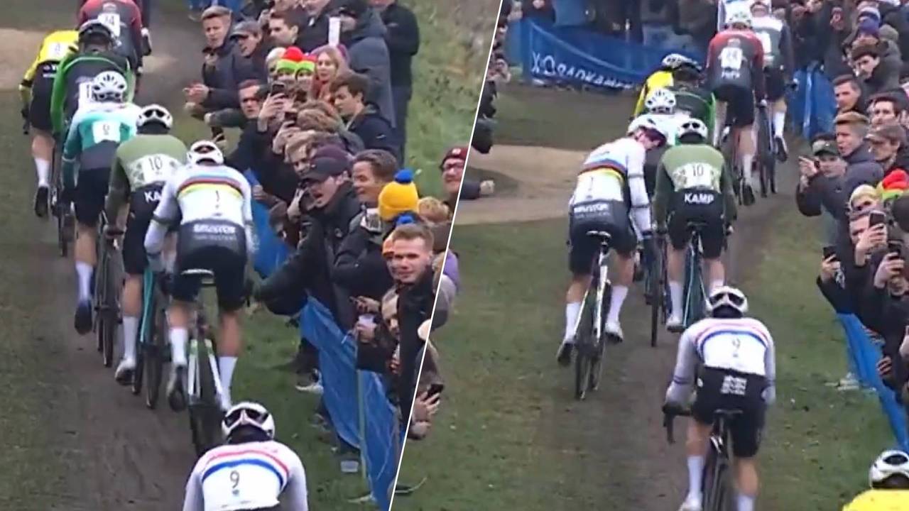 Van der Poel wordt op zijn been geraakt met een hand en verliest even zijn evenwicht (Foto: Eurosport.)