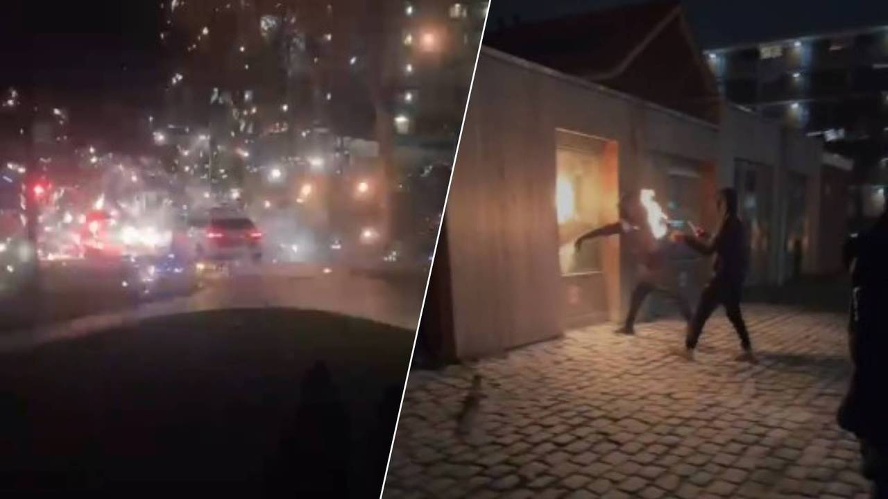 Beelden van een politieauto die wordt bekogeld met vuurwerk en van mannen die een molotovcocktail door de ruit van een kantoor aan de Wensel Coberherstraat in Breda gooien (Foto: Snapchat.)