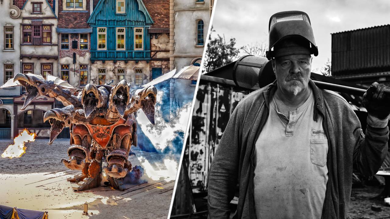 Sjaak Pruijssers uit Raamsdonksveer bouwde de vuurspuwende draak Draconicon voor de Efteling-parkshow Raveleijn (foto's: Flickr en Sjaak Pruijssers)