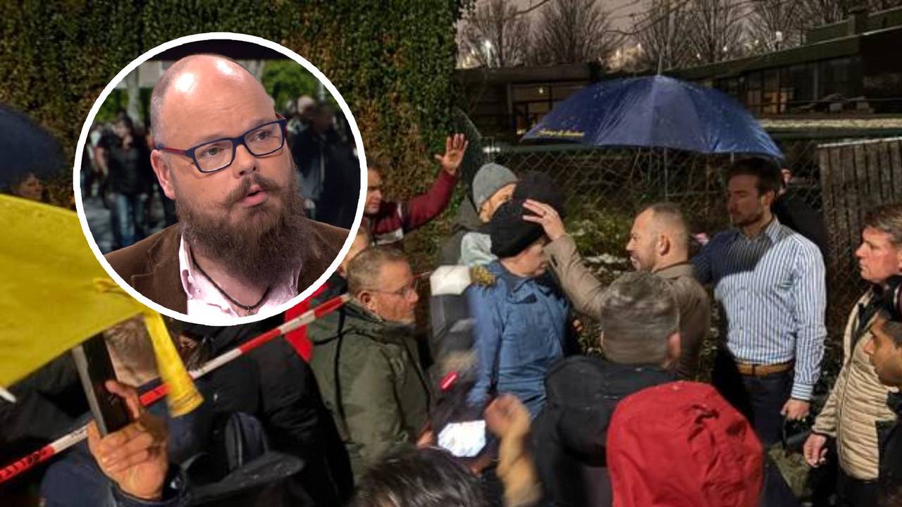 Tom de Wal voert een gebedsgenezing uit op straat in Tilburg. Inzet: cultuurtheoloog Frank Bosman. (Foto: Omroep Brabant.)