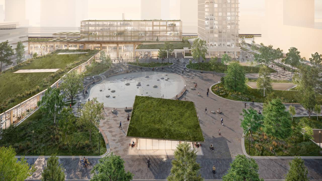 Impressie van het bovenaanzicht van het stationsplein als het busstation ondergronds is (foto: Movares, KCAP, TEAM V).