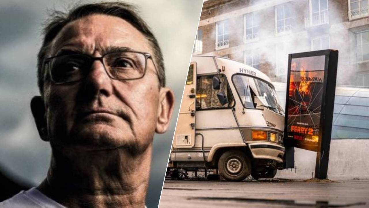 Links: cover van het boek 'drugsbaron' over het leven van Janus van Wesenbeeck. Rechts: een promotiestunt van Netflix voor de film Ferry 2 (Foto: Paul Tonning / Jordi Sloots.)