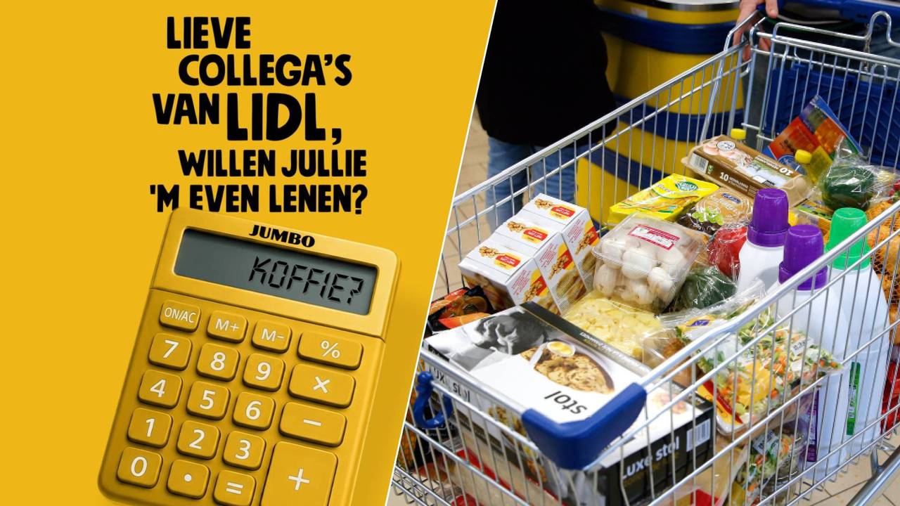 Links: een Instagram post van de Jumbo. Rechts: een volle boodschappenkar van de Lidl (Foto: Instagram / Jumbo / ANP.)
