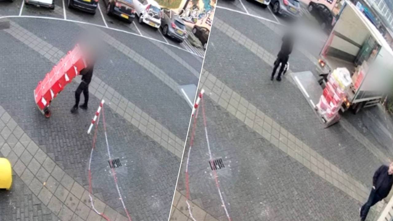 De man neemt zes kisten met parfum mee op een steekwagen.