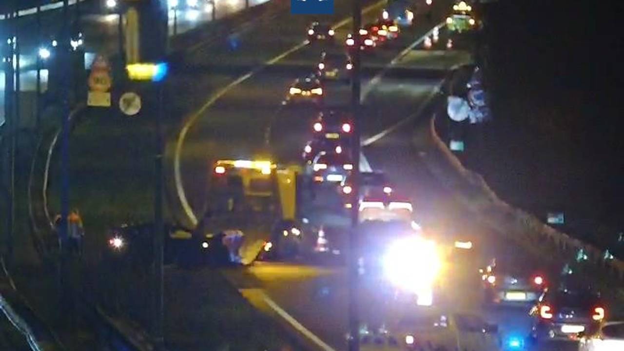 File op de A58 door ongeval (foto: Rijkswaterstaat).