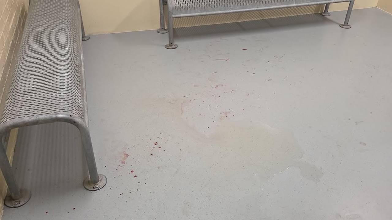 Op de grond ligt plas en bloed van de verdachte (foto: Politie Eersel De Kempen).