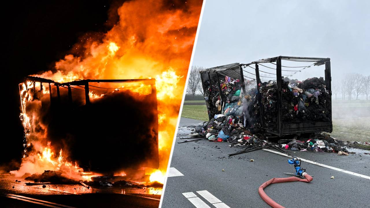 A59 dicht richting Breda door brandende vrachtwagen vol textiel