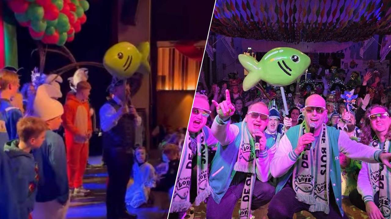 Links: De vis duikt op in een volle zaal in Wanroij. Rechts: De vis bij een eerder optreden. (Foto: De Quarantaine Boys.)