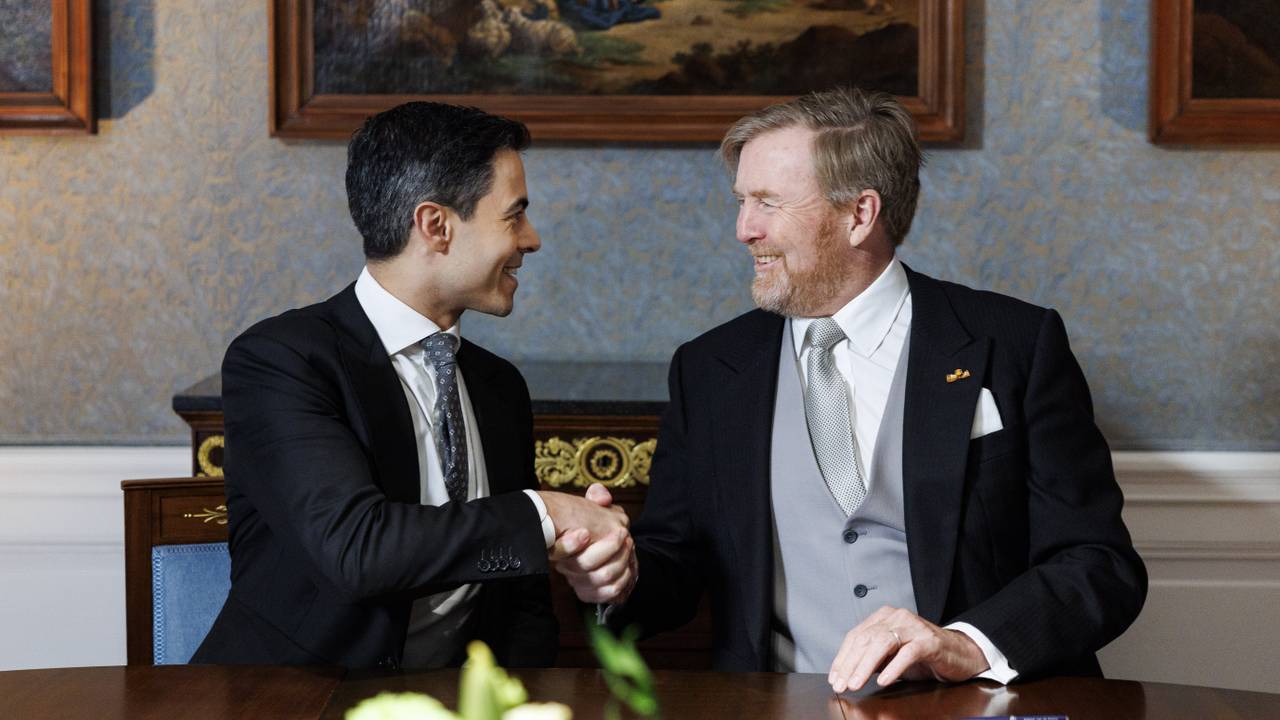 Rob Jetten schudt de hand van de koning (foto: ANP).