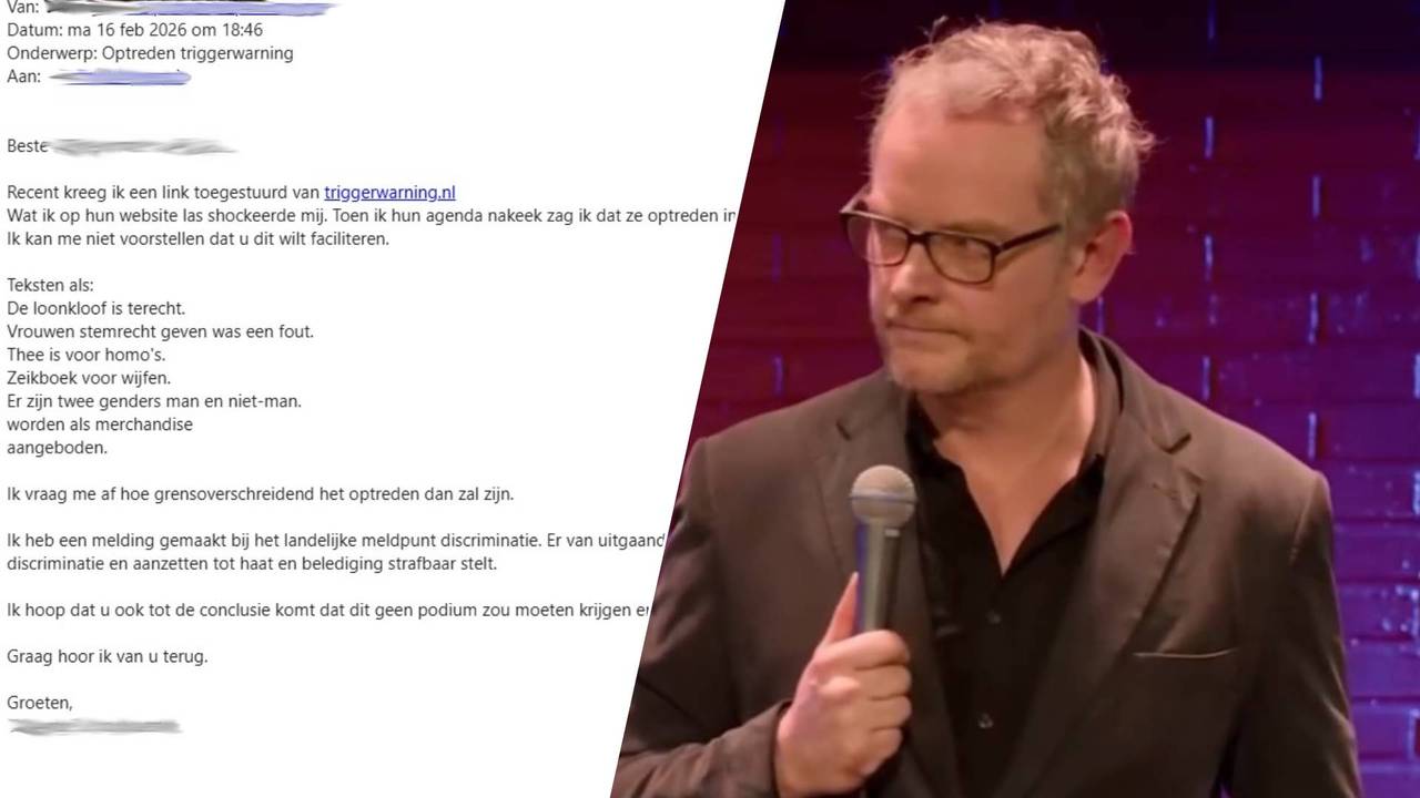 Links: Een van de klachtenmails over de voorstellen van Rogier. Rechts: Rogier Kahlmann tijdens een optreden. (Foto: Privéarchief / Instagram / rogierkahlmann.)