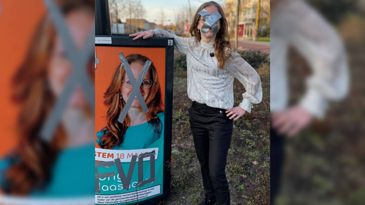 Lijsttrekker Ramona Sour besloot ludiek te reageren op de bekladde verkiezingsborden (foto: Instagram Jong Maashorst).