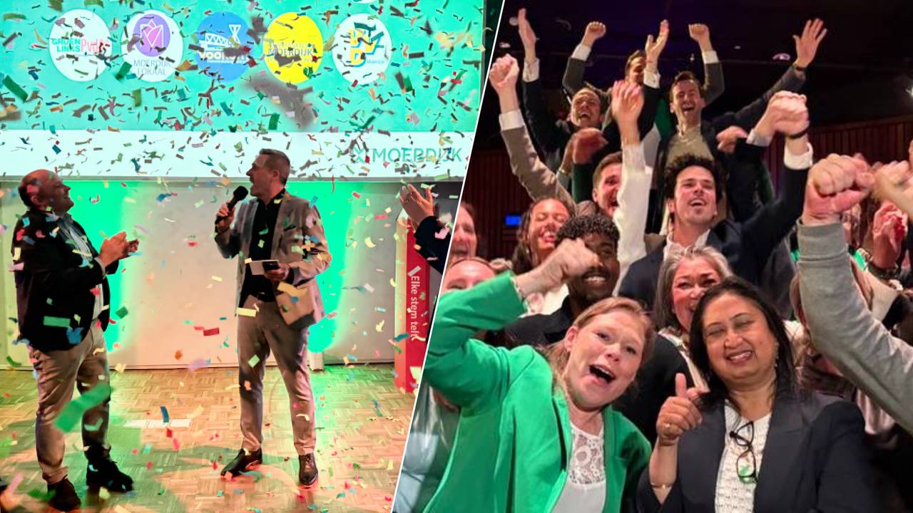 Blijdschap bij FVD en Moerdijk Vooruit (links) en het CDA in Eindhoven (rechts) (beeld: Omroep Brabant).