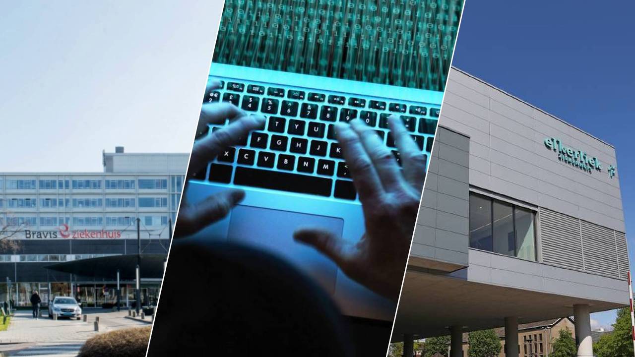 Links: Het Bravis ziekenhuis probeert het patiëntenportaal online te krijgen. Midden: Hacker ter illustratie. Rechts: Ook het Elkerliek werkt met ChipSoft, maar bleek eerder niet getroffen. (Foto: Bravis / ANP / Karin Kamp.)