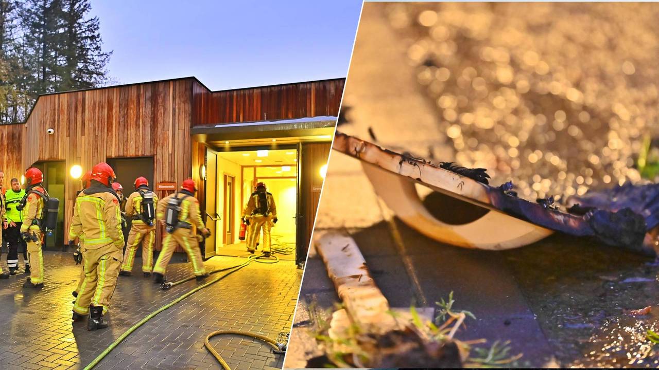 Links: De brandweer had de brand snel onder controle. Rechts: De verbrande handgreep van een doodskist die buiten het crematorium lag. (Foto: Rico Vogels / Persbureau Heitink.)