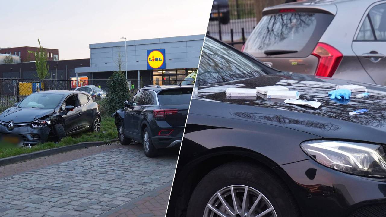 Links: De vluchtende auto werd geramd door een undercover politieauto. Rechts: De witte verpakkingen op de motorkap van de Duitse politiewagen. (Foto: Persbureau Heitink.)