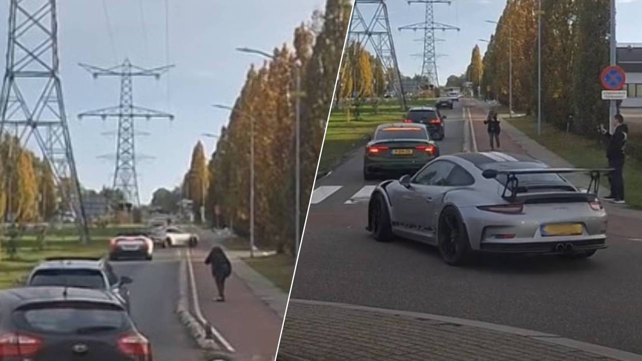 Links: De bestuurder verliest de macht over het stuur en rijdt over het fietspad heen. Rechts: De wagen komt van de rotonde af, klaar om over de Industrielaan te scheuren. (Foto: spots_by_blondjee / Instagram.