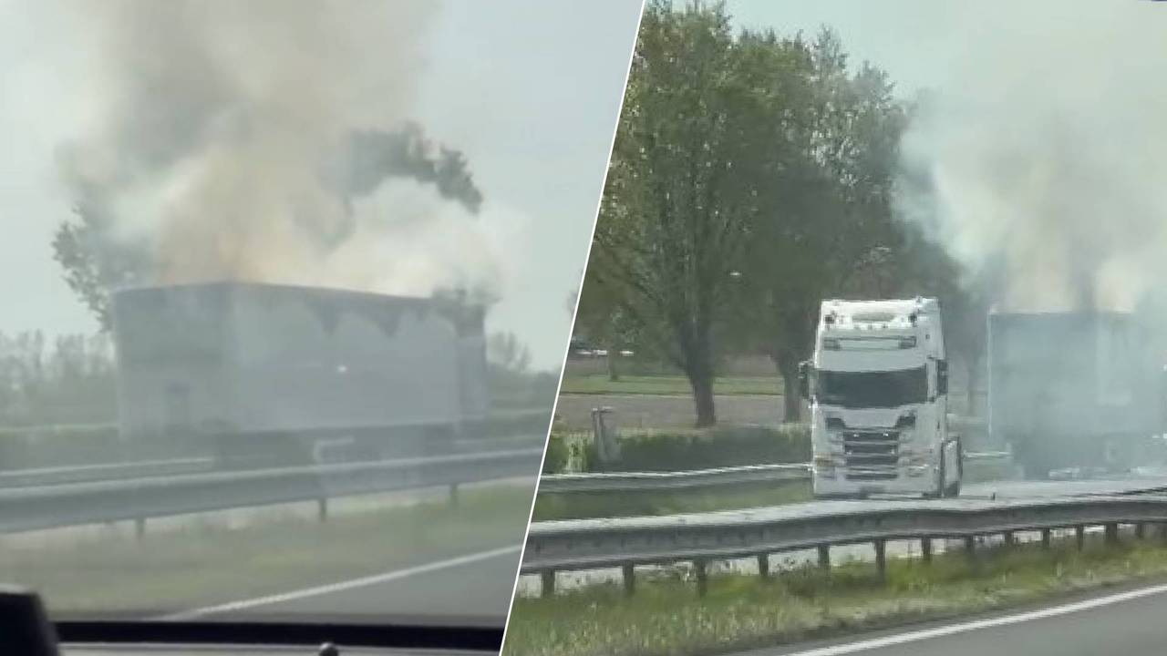 De brandende trailer van een vrachtwagen. (Foto: Tiemen Smit.)