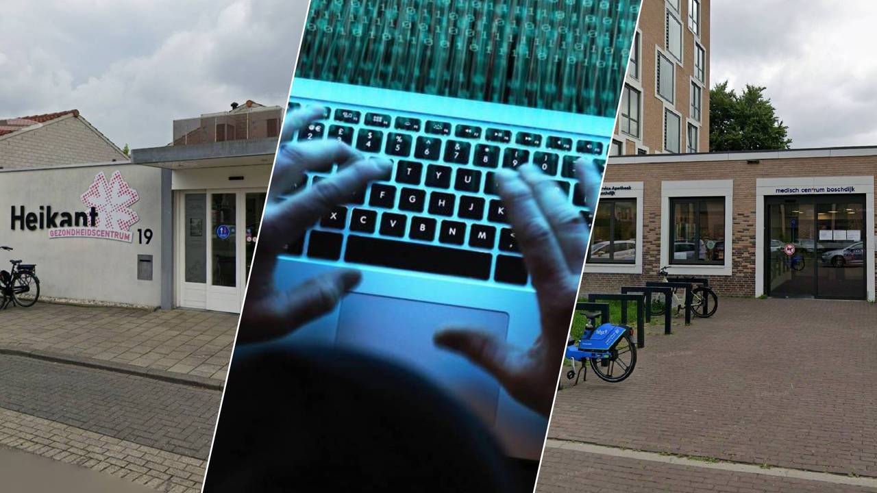 Links: Huisartsenpraktijk Heikant. Midden: Een hacker ter illustratie. Rechts: Huisartsenpraktijk Boschdijk (foto's: ANP / Google Maps).