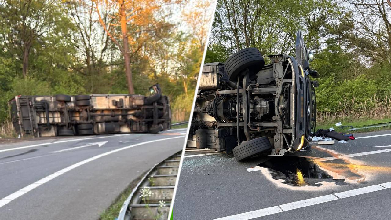 Gekantelde vrachtwagen op de A4, afrit Bergen op Zoom dicht (foto's: Rijkswaterstaat).