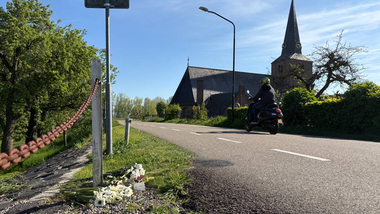 Bosjes bloemen op de plek waar een 34-jarige fietser om het leven kwam op de Maasdijk in Wijk en Aalburg (foto: Ruud Ritzen).