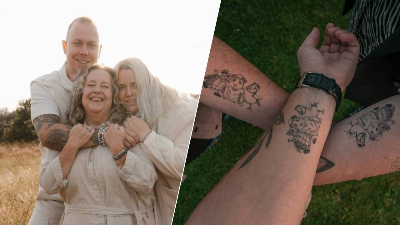 Claudia met haar kinderen Youri en Kyra en hun tattoos (foto's: Hylke Greidanus/Claudia Cappon-Van Meer).
