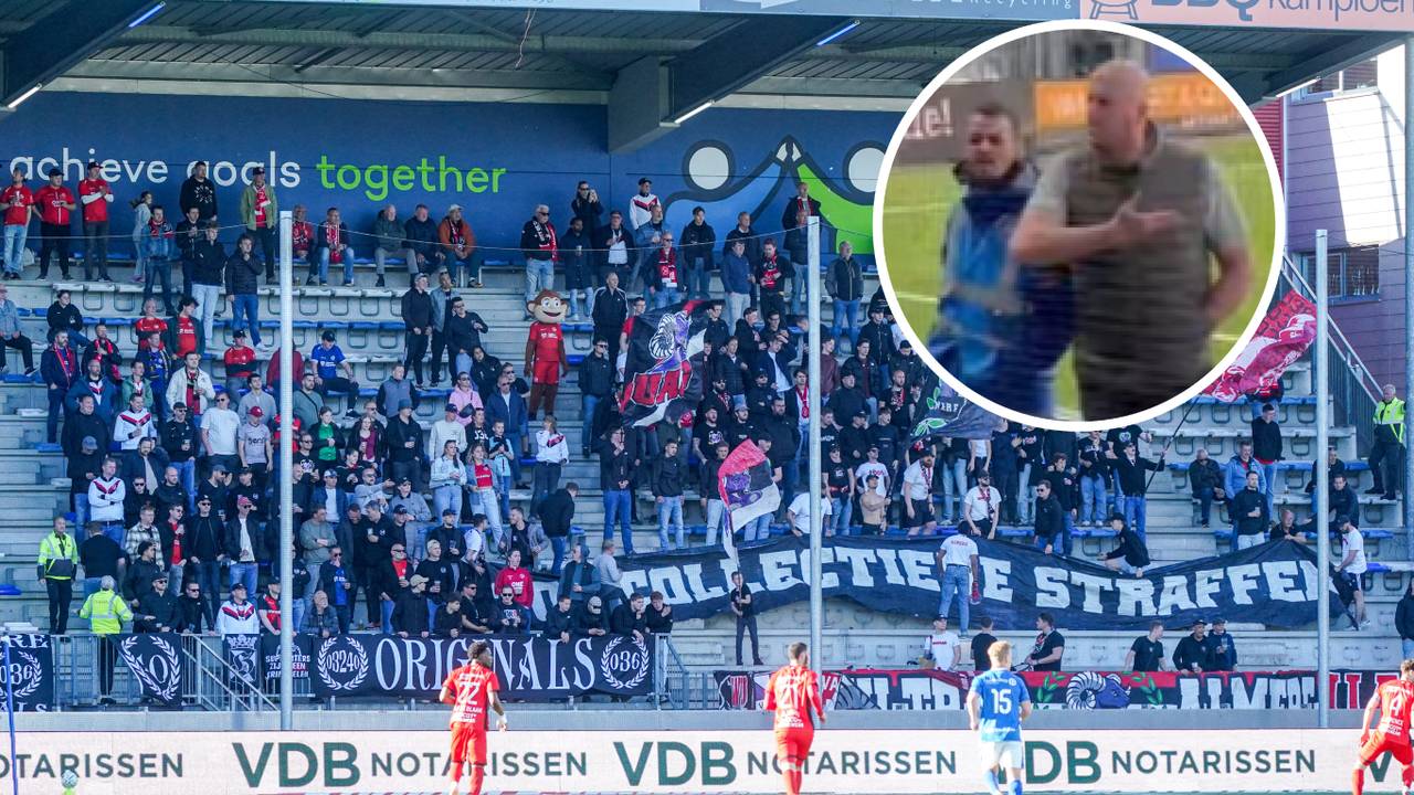 De veiligheidscoördinator reageerde fel tegen de uitsupporters van Almere City FC (foto: Orange Pircures, inzet: Voetbal Ultras).