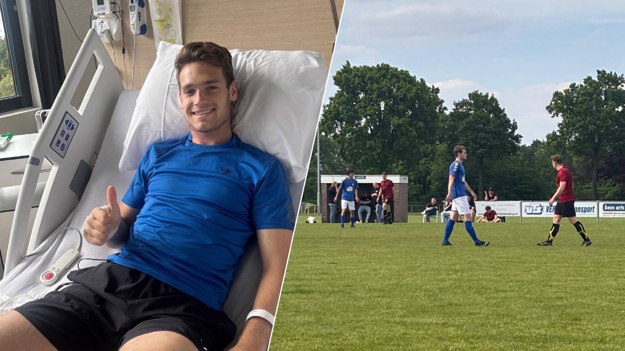 Na een lange revalidatie speelde Lars (foto rechts: in het blauw in het midden) weer mee tijdens een wedstrijd (eigen foto's).
