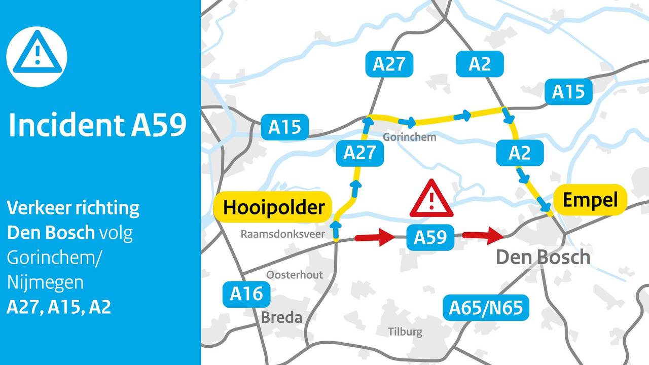 Ongeluk met meerdere voertuigen op A59 bij Waalwijk-Oost, drie kwartier vertraging (foto: Rijkswaterstaat). 