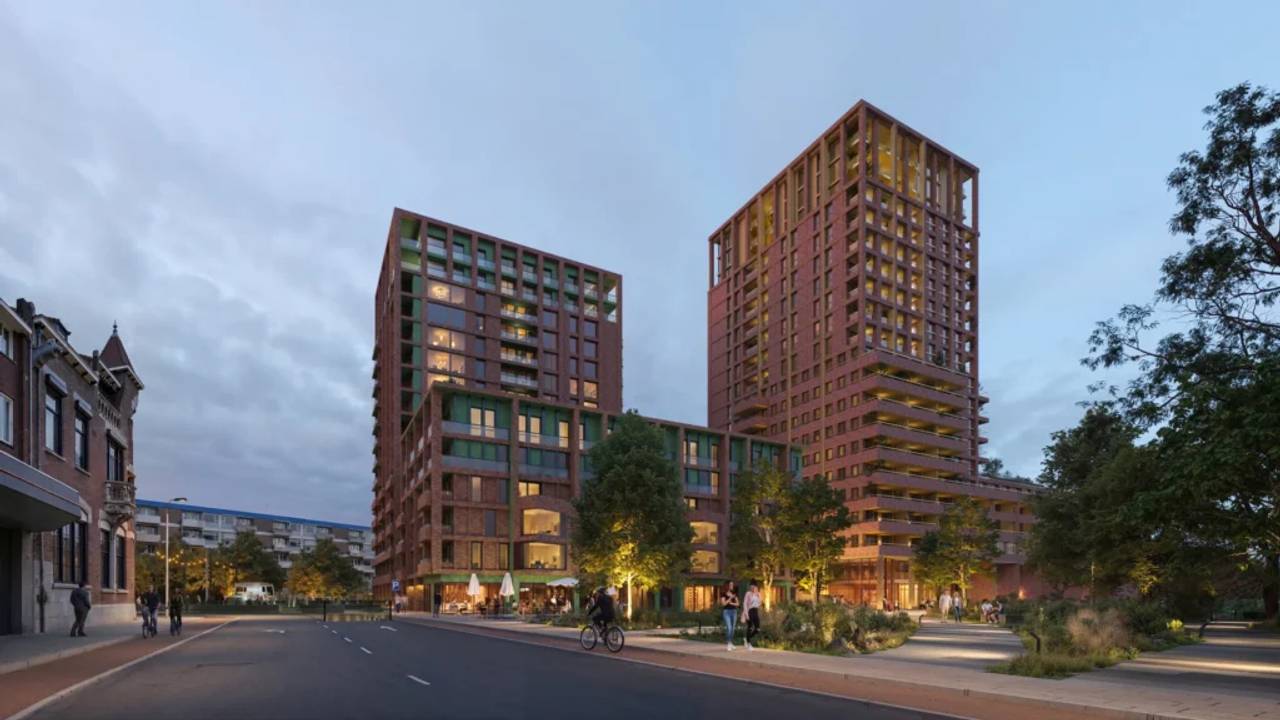 De nieuwe woontorens aan het vernieuwde plein, zonder de fontein (Impressie: Follow You Home/HilberinkBosch Architecten, Werkstatt en Orange Architects, in opdracht van ontwikkelaar BPD).