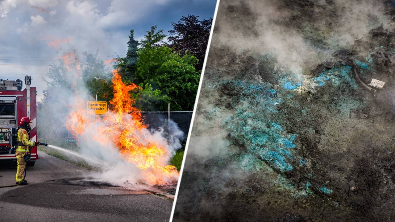 Hoge vlammen en blauwe smurrie: dixi gaat in vlammen op