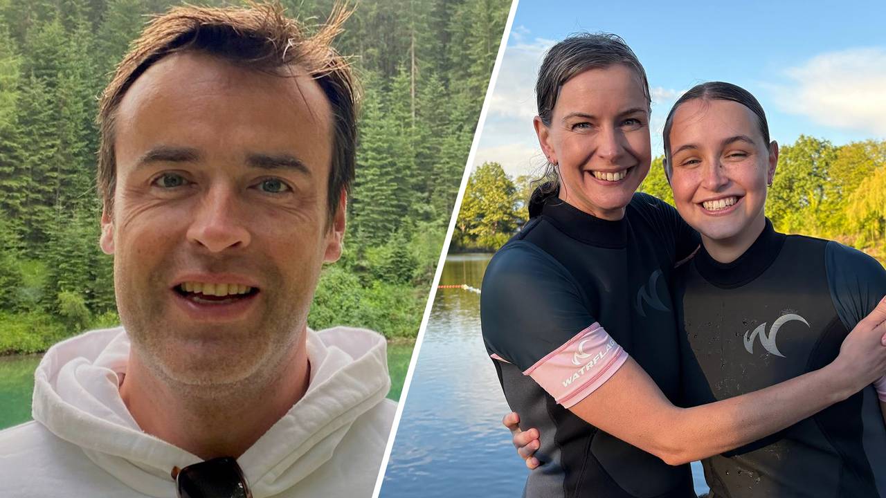 Links: Ralf Vranken (privéfoto). Rechts: Chantal en Mila bibberen nog na als ze het water uitkomen (foto: Pieter Soethout).