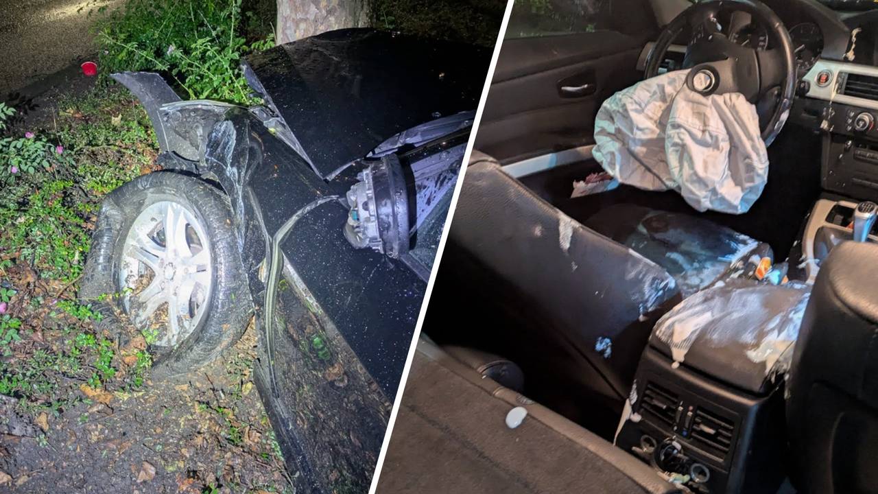 Auto crasht tegen boom (foto: Instagram Politie Best en Oirschot). 