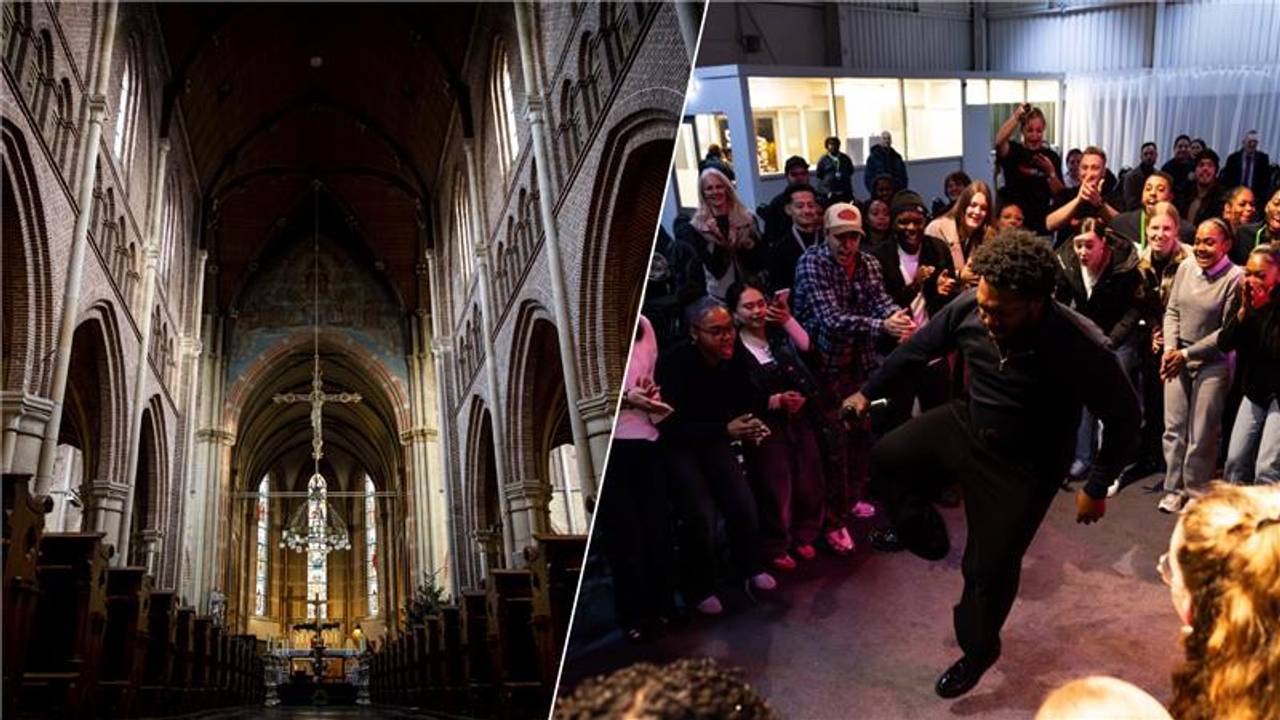 Links: Een katholieke kerk, rechts: de kerk Praise in Tilburg trekt veel jongeren (foto: ANP/Instagram Praise Tilburg).