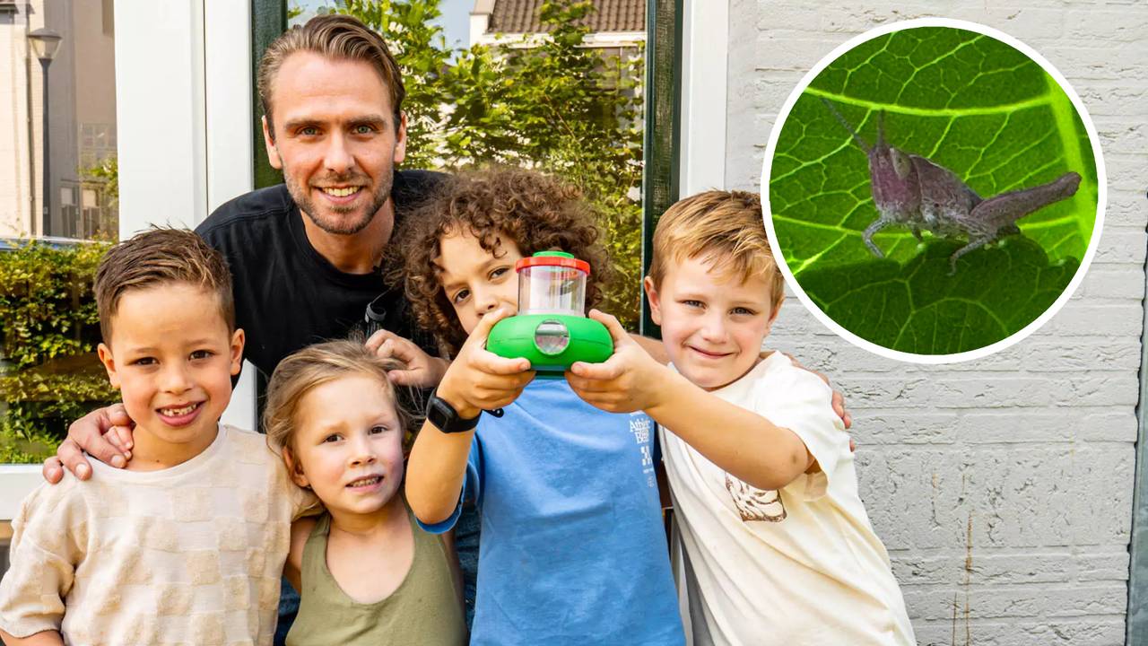 De kinderen ontdekten de sprinkhaan buiten (foto: Teun de Greef en Harrie Grijseels).